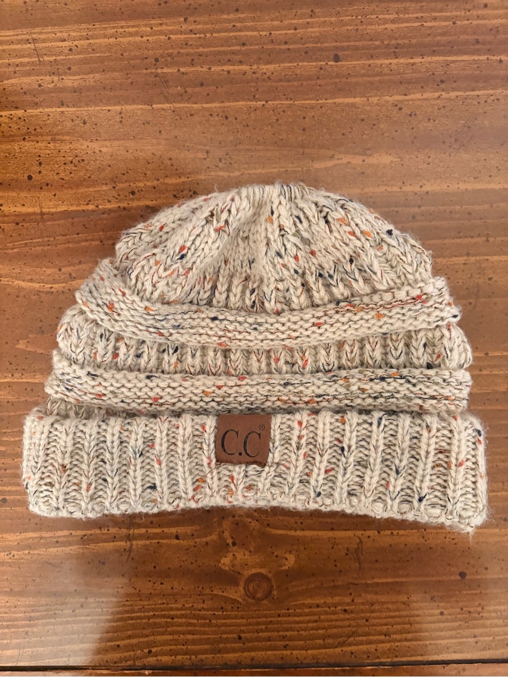 C.C Cream Flecked Fold-Over Knit Beanie with Top Ponytail Hole Boho Indie Cozy